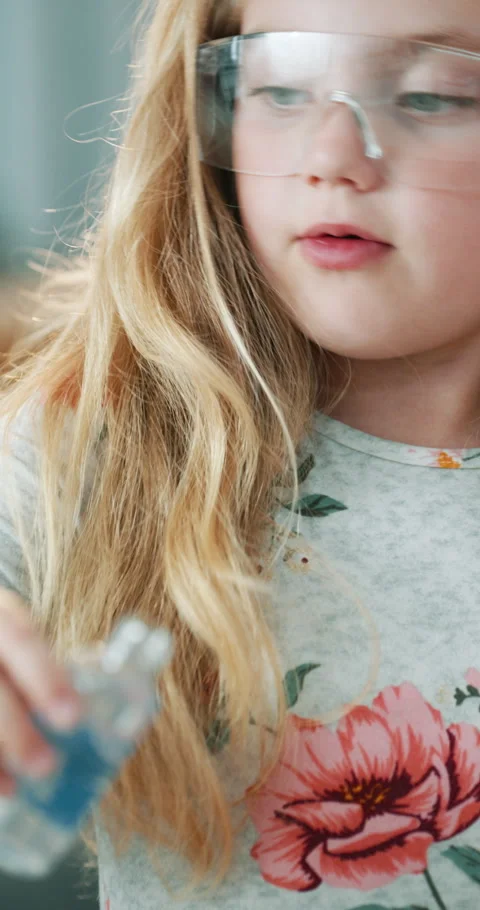 Science, learning and girl with liquid in home for creative lesson, development Stock Footage 336740711
