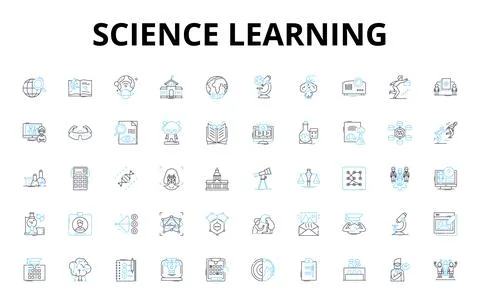 Science learning linear icons set. Inquiry, Exploration, Observation, Hypothesis Illustrazione stock