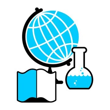 Science logo. Globe and laboratory flask. Book and test tube research. Tutori Stock Illustration