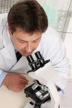 Science looking through the microscope Overhead view of a research scienti... Stock Photos