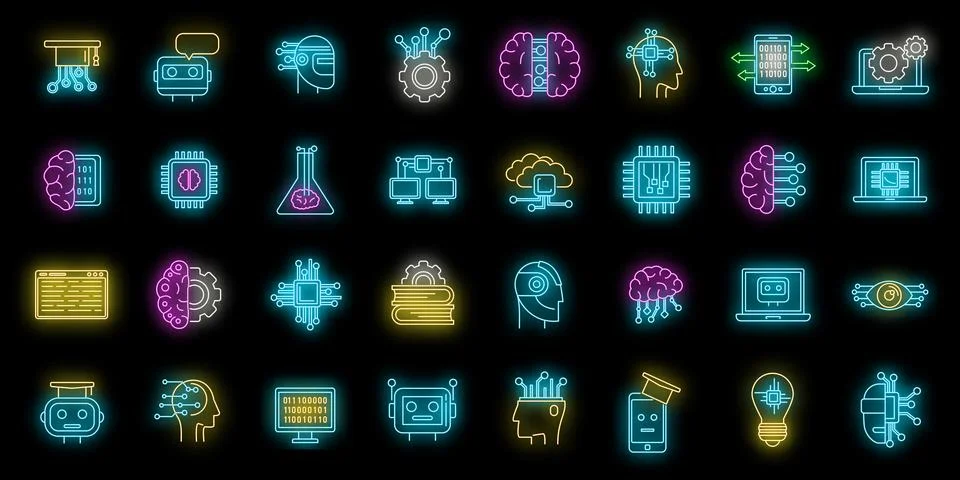 Science machine learning icons set vector neon Illustrazione stock
