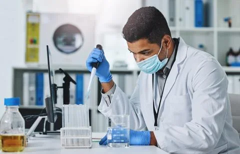 Science man, pipette and test tube in lab medical, pharmaceutical or covid Stock Photos
