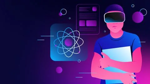 Science in Metaverse. Studying STEM in Virtual Reality Goggles Stock Illustration