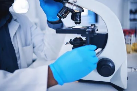 Science, microscope and hands of a scientist in a lab doing research, experiment Stock Photos