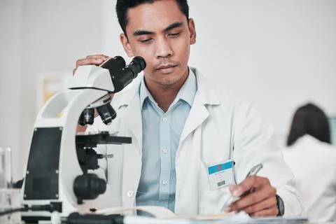 Science, microscope and man writing data, test results and research report for Stock Photos