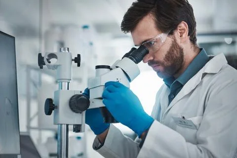 Science, microscope focus and laboratory with a scientist with research data Foto stock