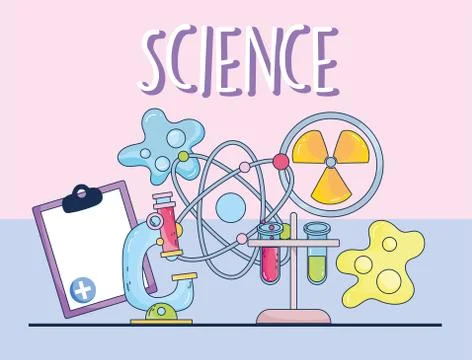 Science microscope medicine nuclear atom molecule clipboard and bacteria Stockillustratie