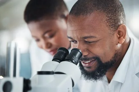 Science, microscope or black man in lab for research, gene editing team or .. Stock Photos