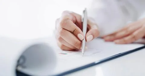 Science, notes or hands in lab with clipboard, study development or researc.. Stock Photos