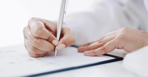 Science, notes or hands in laboratory with clipboard, study or research res.. Stock Photos