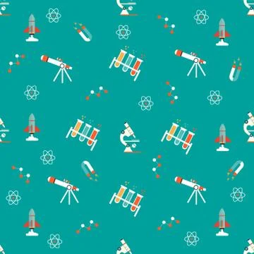 Science pattern with microscope, telescope, rocket and other elements Stock Illustration