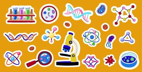 Science Printable Sticker Sheet, Cute Microscope Test Tube Decal, DNA Atom .. Ilustração Stock