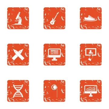 Science programme icons set, grunge style Stock Illustration