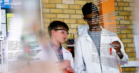 Science pupils one speaking urging peer lifting red test tube drifting code Stock Footage 331227351