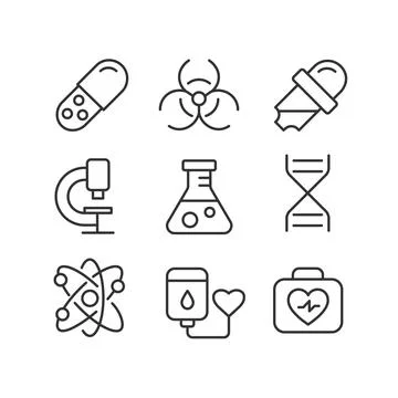 Science related pixel perfect linear icons set Illustrazione stock