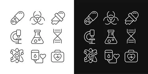 Science related pixel perfect linear icons set for dark, light mode Illustrazione stock