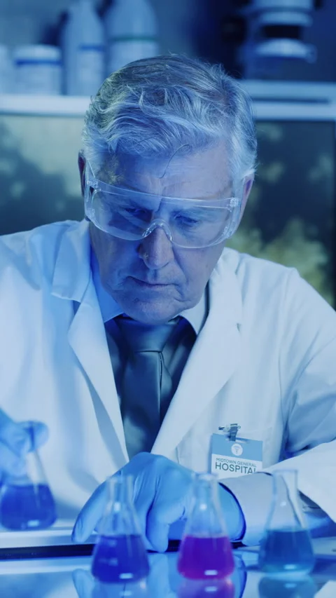 Science, research and beaker with man in lab for biomedical engineer, enzyme Stock Footage 323789107