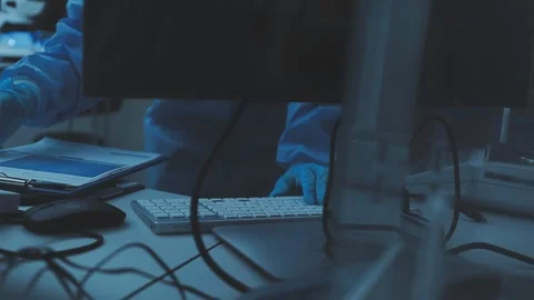 Science, research and hands in lab with notebook and computer on scientific.. Stock Footage 344456311