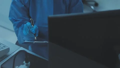 Science, research and hands in lab with notebook and computer on scientific.. Stock Footage 344456516
