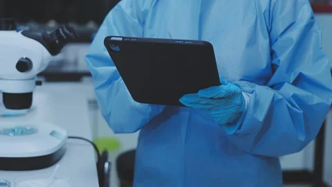 Science, research and hands in lab with notebook and computer on scientific.. Stock Footage 344456544