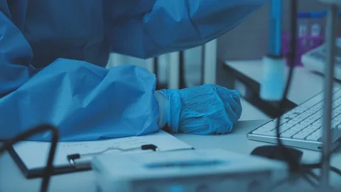 Science, research and hands in lab with notebook and computer on scientific.. Stock Footage 344456739