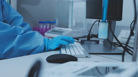 Science, research and hands in lab with notebook and computer on scientific.. Stock Footage 344456864
