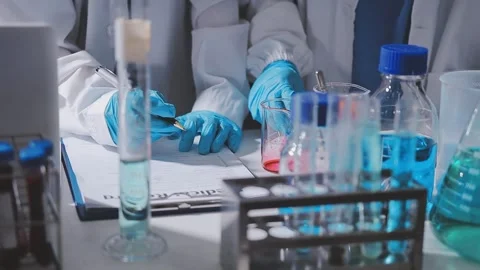 Science, research and hands in lab with notebook and computer on scientific.. Stock Footage 344456974