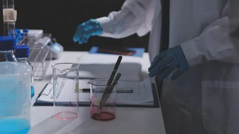 Science, research and hands in lab with notebook and computer on scientific.. Stock Footage 344457094