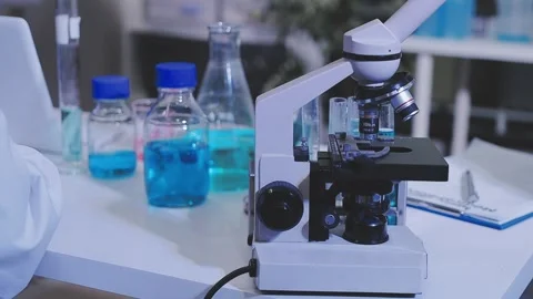 Science, research and hands in lab with notebook and computer on scientific.. Stock Footage 344457162