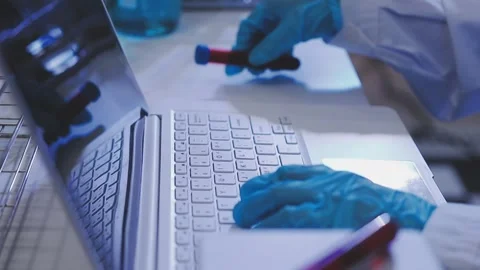 Science, research and hands in lab with notebook and computer on scientific.. Stock Footage 344457169