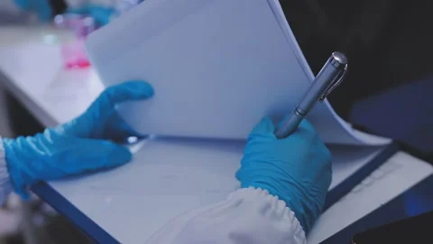 Science, research and hands in lab with notebook and computer on scientific.. Stock Footage 344457204