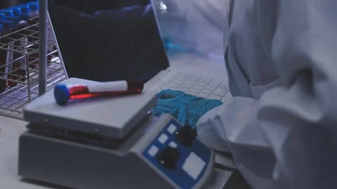 Science, research and hands in lab with notebook and computer on scientific.. Stock Footage 344457284