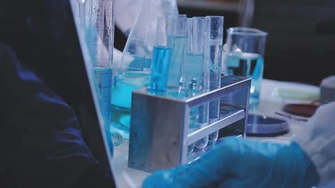 Science, research and hands in lab with notebook and computer on scientific.. Stock Footage 344457318
