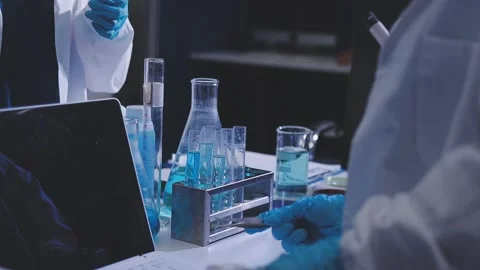 Science, research and hands in lab with notebook and computer on scientific.. Stock Footage 344457339