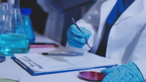Science, research and hands in lab with notebook and computer on scientific.. Stock Footage 344457357
