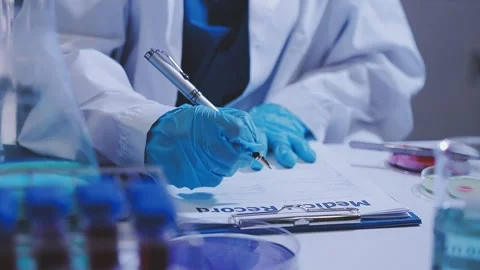 Science, research and hands in lab with notebook and computer on scientific.. Stock Footage 344457449