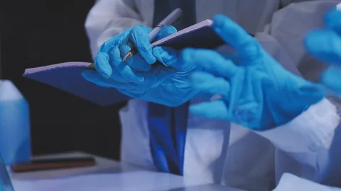 Science, research and hands in lab with notebook and computer on scientific.. Stock Footage 344457473