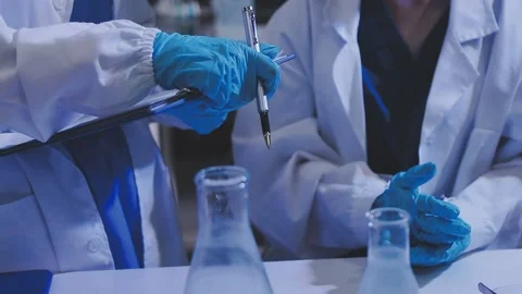 Science, research and hands in lab with notebook and computer on scientific.. Stock Footage 344457485