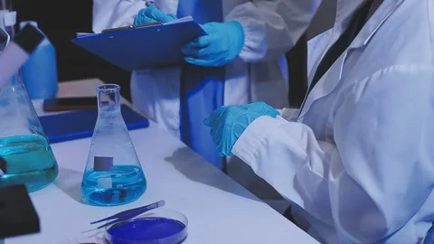 Science, research and hands in lab with notebook and computer on scientific.. Stock Footage 344457528