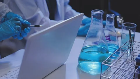 Science, research and hands in lab with notebook and computer on scientific.. Stock Footage 344457534