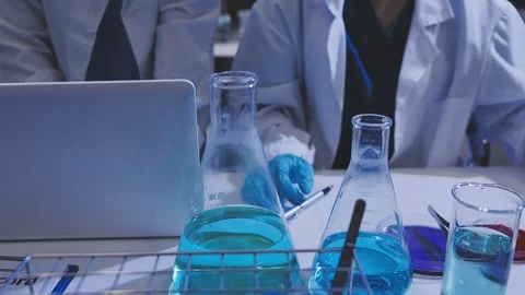 Science, research and hands in lab with notebook and computer on scientific.. Stock Footage 344457609