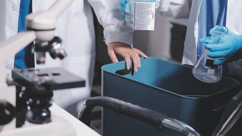 Science, research and hands in lab with notebook and computer on scientific.. Stock Footage 344457643