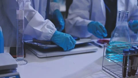 Science, research and hands in lab with notebook and computer on scientific.. Stock Footage 344457652