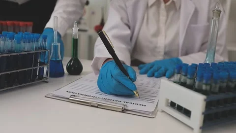 Science, research and hands in lab with notebook and computer on scientific.. Stock Footage 344457811