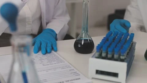 Science, research and hands in lab with notebook and computer on scientific.. Stock Footage 344457837