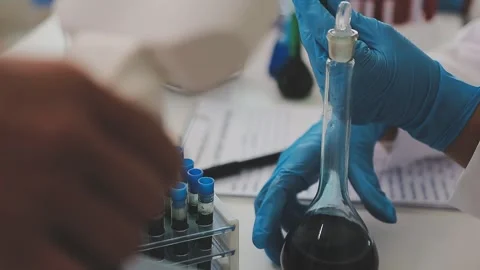 Science, research and hands in lab with notebook and computer on scientific.. Stock Footage 344457902