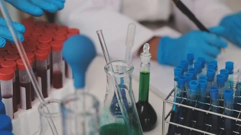 Science, research and hands in lab with notebook and computer on scientific.. Stock Footage 344457924