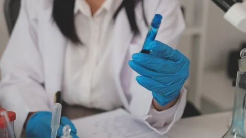 Science, research and hands in lab with notebook and computer on scientific.. Stock Footage 344457982