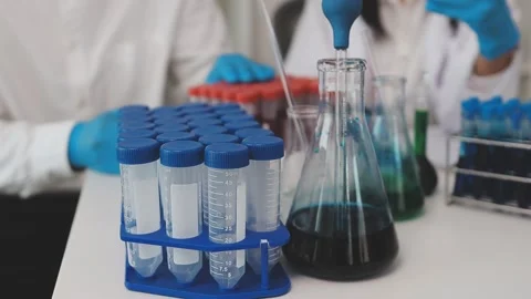 Science, research and hands in lab with notebook and computer on scientific.. Stock Footage 344457993