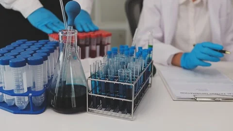 Science, research and hands in lab with notebook and computer on scientific.. Stock Footage 344458042